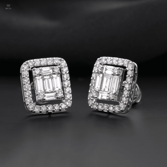 1.55 + Carat Baguette & Round Cut Diamond Earring, White Gold, Engagement Earring, Wedding Earring, E Color, VVS2-VS2 Clarity