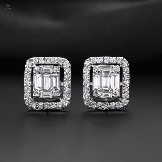 1.55 + Carat Baguette & Round Cut Diamond Earring, White Gold, Engagement Earring, Wedding Earring, E Color, VVS2-VS2 Clarity