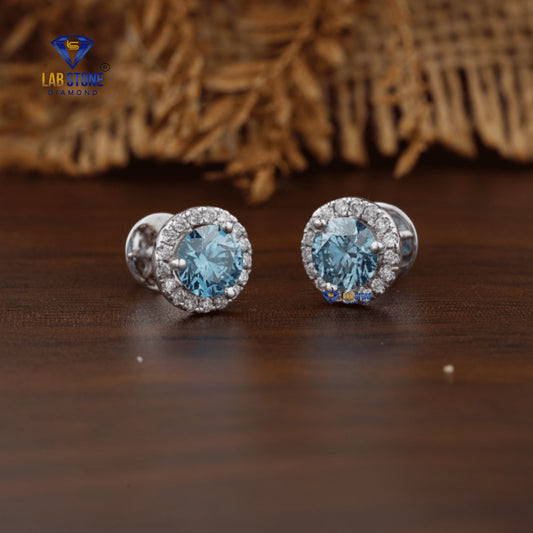 1.32 +Carat Fancy Blue Round Cut Diamond Studs, White Gold, Engagement Earring, Wedding Earring, E Color, VVS2-VS2 Clarity